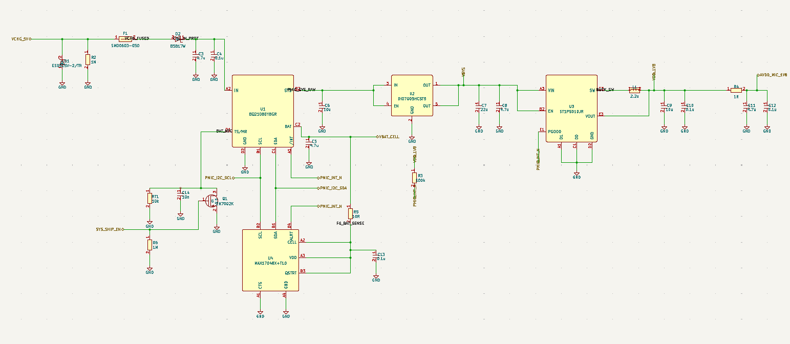 Power management schematic for the AI recorder project with charger, load switch, regulator, and fuel gauge.