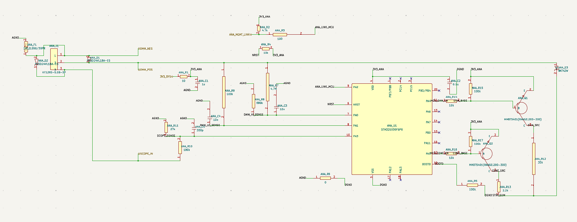 Analog front-end schematic detail for DMM and oscilloscope inputs.