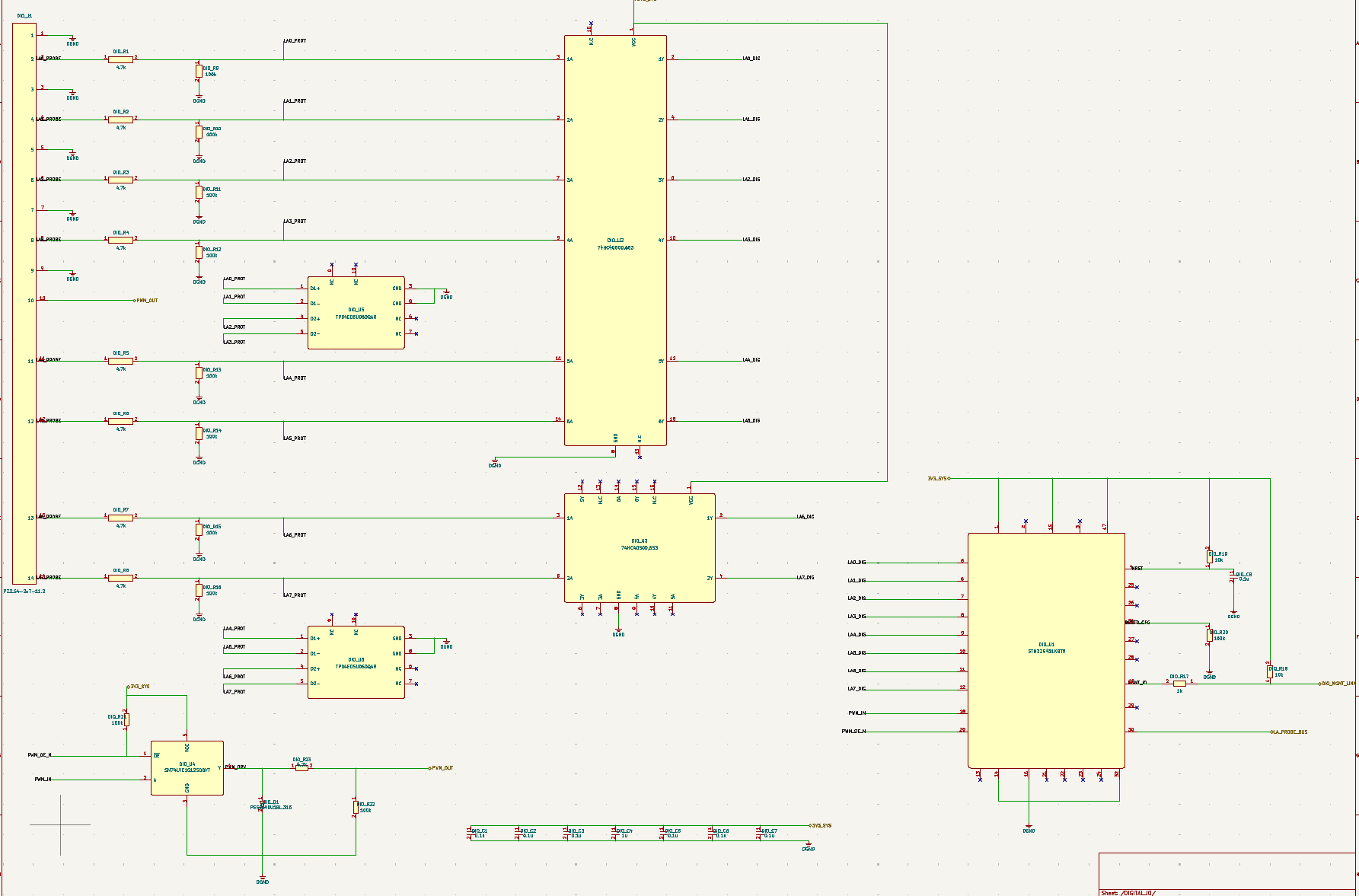Digital I/O schematic detail for logic analyzer inputs and PWM output.