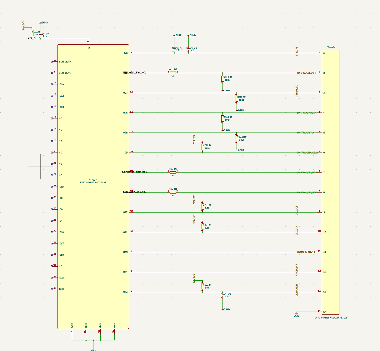 ESP32 compute and wireless schematic for the generated desktop robot project, showing MCU module and interface signals that need review before PCB layout.