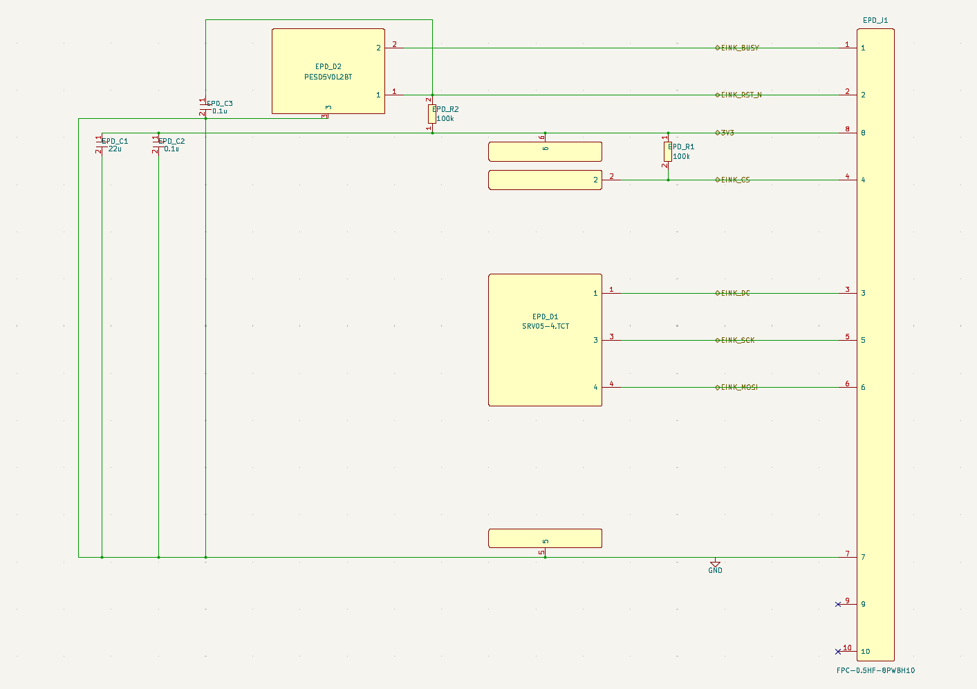 E-ink display interface schematic with connector, protection, and SPI-style signals.