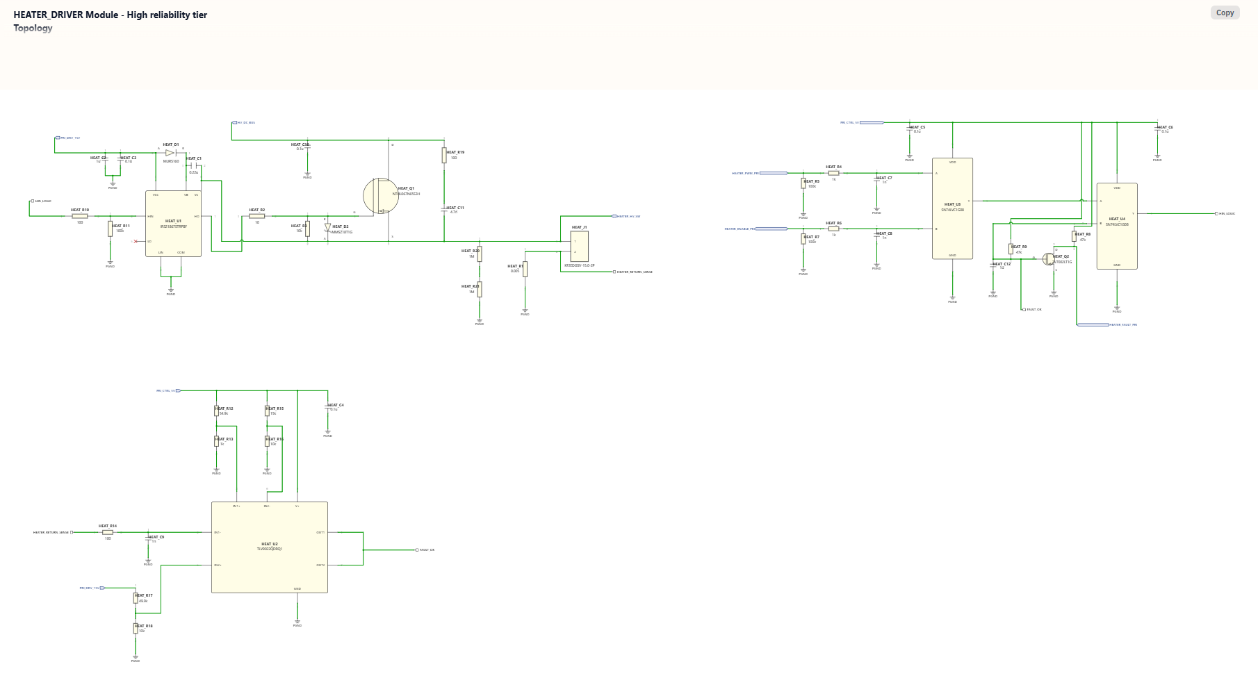 Generated heater driver schematic for high-voltage heater switching and heater fault feedback.