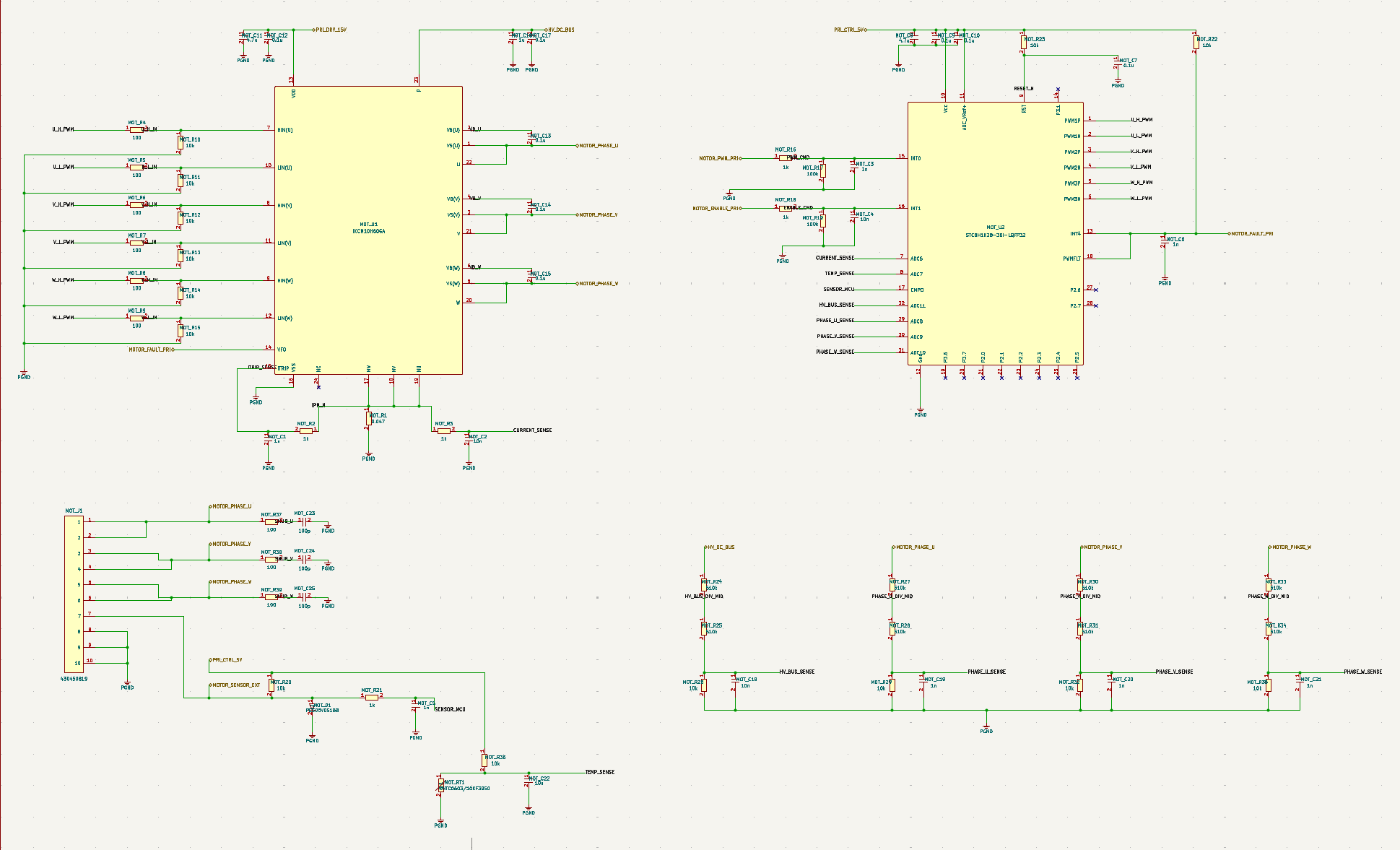 Detailed motor inverter schematic showing PWM control, phase outputs, current sense, bus sense, phase sense, sensor input, and temperature sense signals.