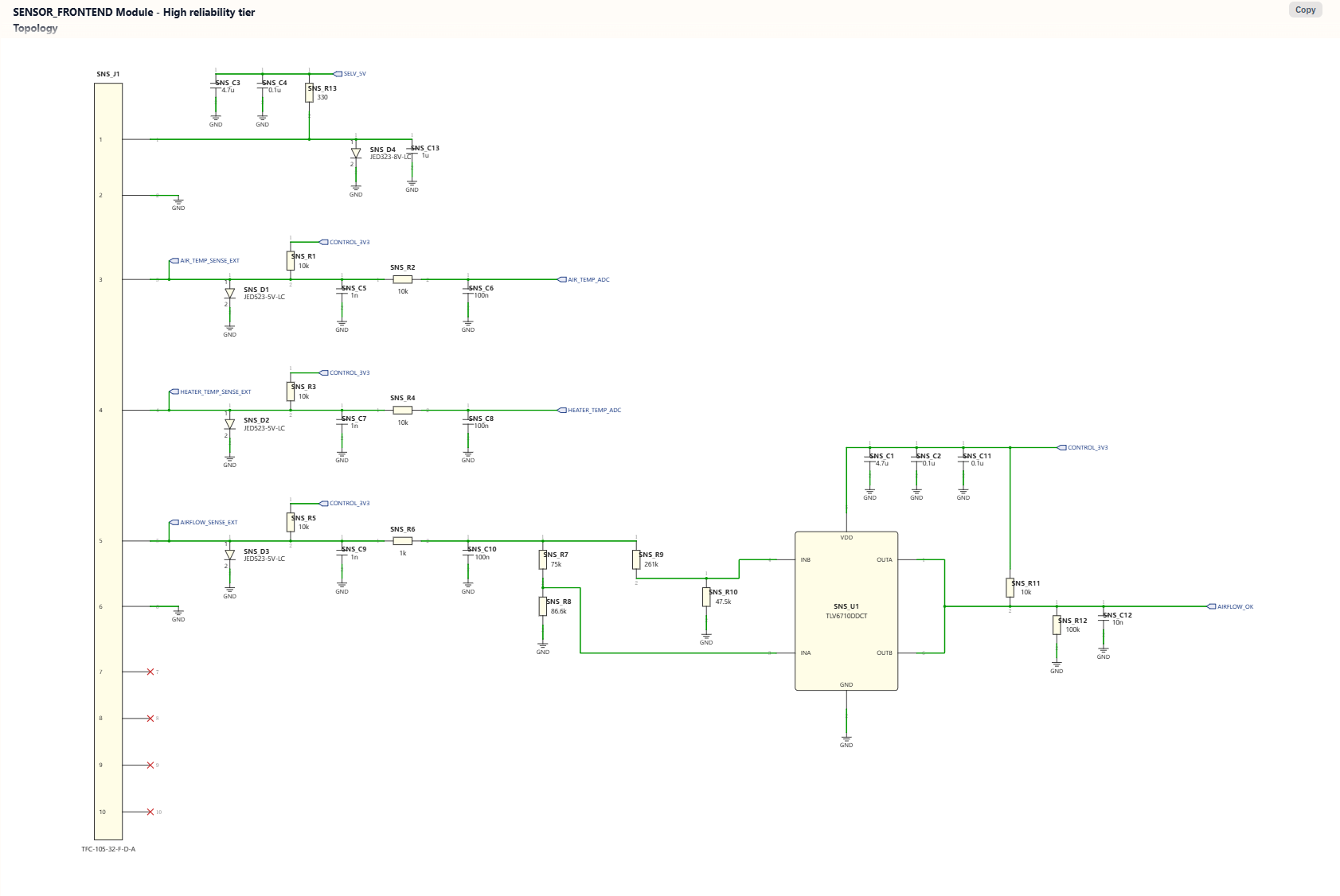 Generated sensor frontend schematic for air temperature, heater temperature, and airflow sensing.