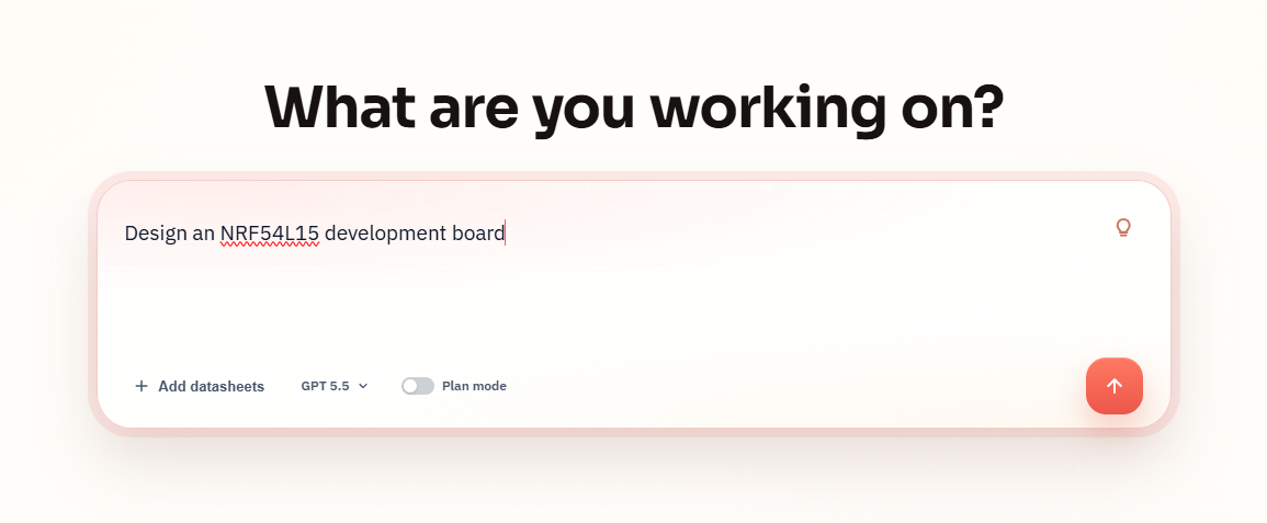 SpeedUp prompt screenshot showing the request to design an NRF54L15 development board.