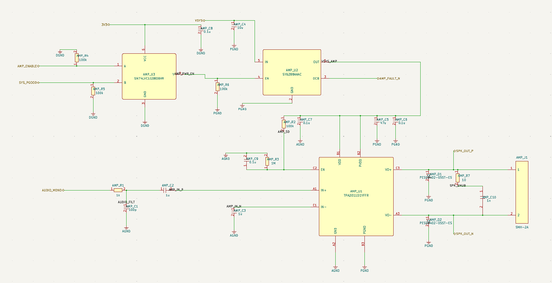 Audio amplifier schematic screenshot with amplifier enable, power switch, and speaker output.