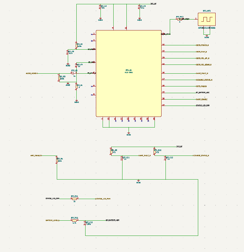 Bluetooth audio control schematic screenshot with HLK-B40 module and antenna.