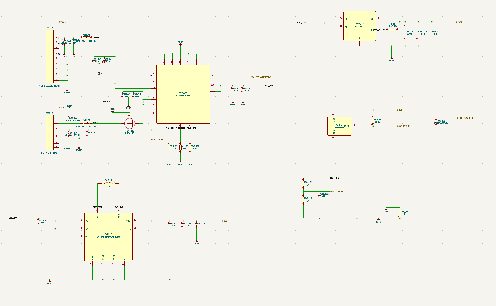 Power-management schematic screenshot for USB, battery, charging, and regulation.