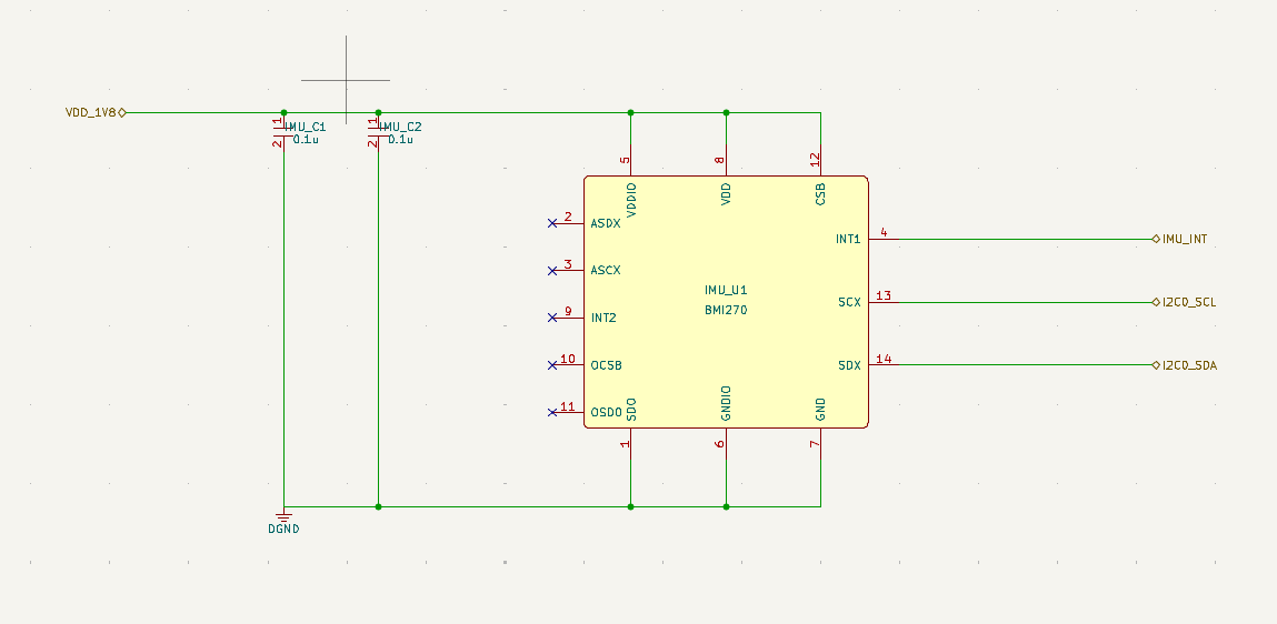 Generated BMI270 IMU schematic for smart ring motion and sleep-context sensing.