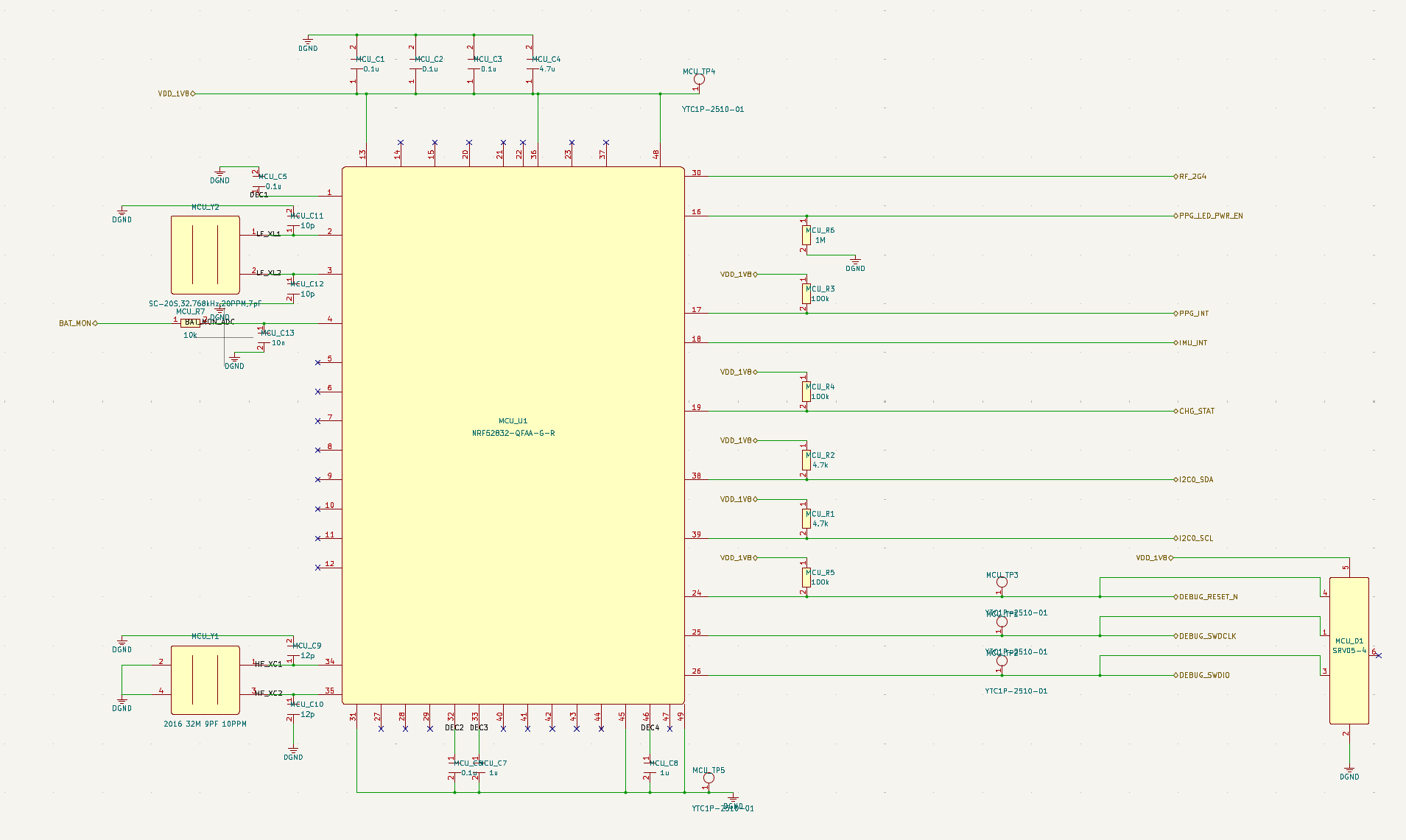 Generated nRF52832 BLE MCU schematic for the smart ring circuit design.