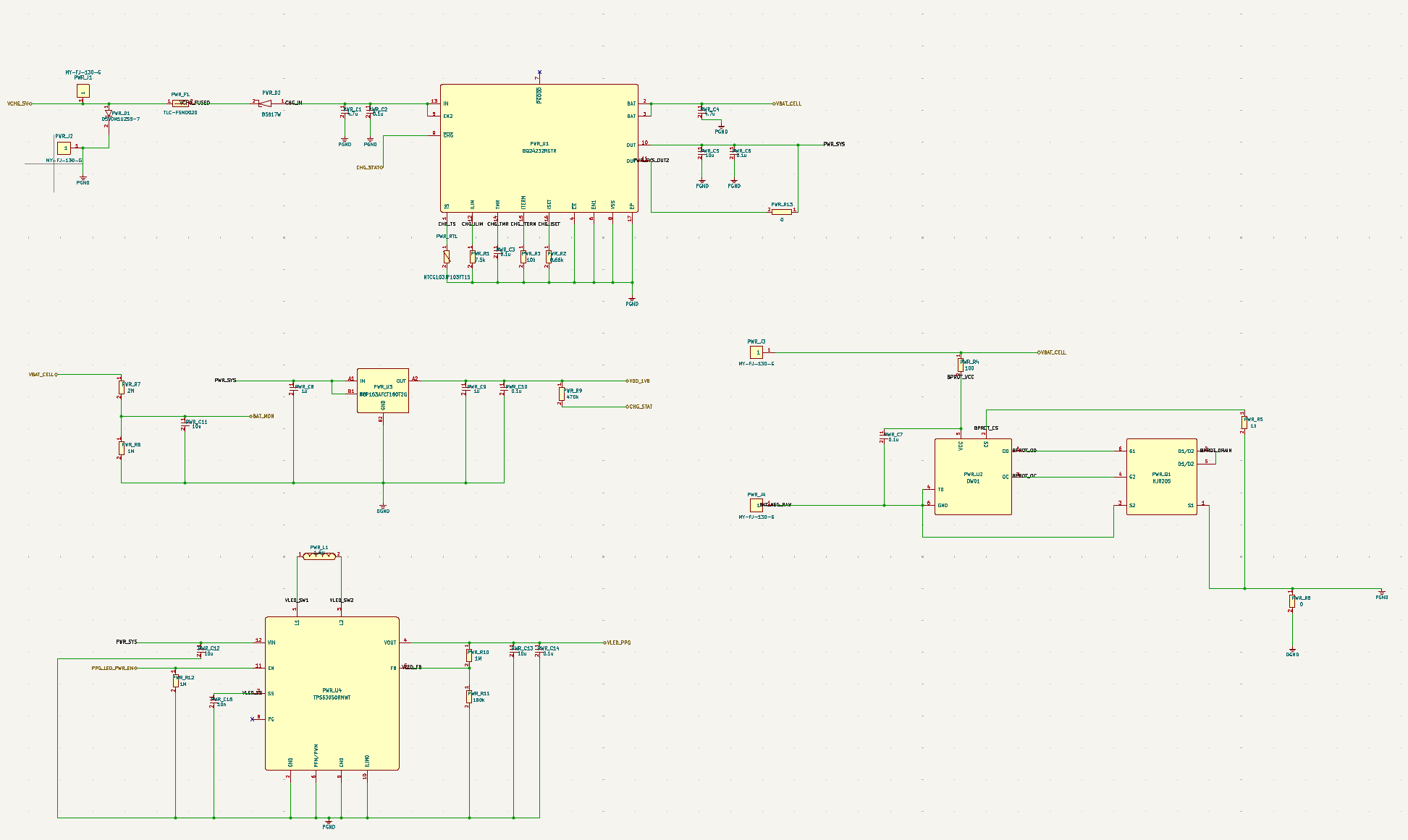 Generated smart ring power management schematic with charging input, battery path, 1.8 V rail, and PPG LED power.