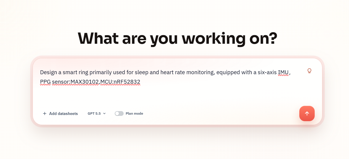 SpeedUp prompt screenshot for a smart ring with sleep monitoring, heart-rate monitoring, six-axis IMU, MAX30102 PPG sensor, and nRF52832 MCU.
