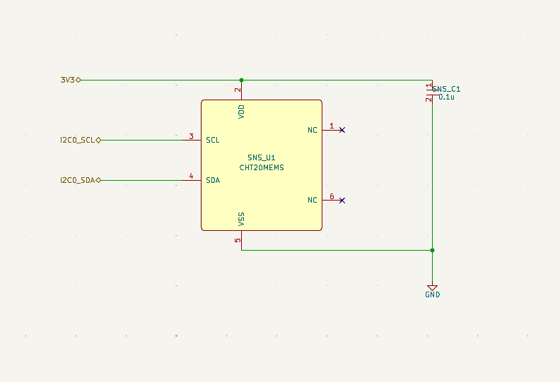 Generated temperature and humidity sensor schematic sheet showing an I2C environmental sensor on a 3.3 V bus.