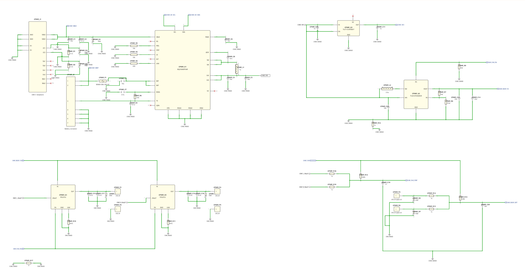 Charging-case power schematic for the generated TWS earbuds project.